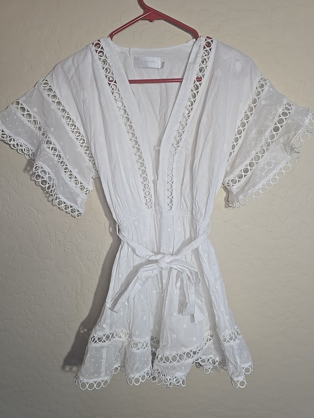 Zimmerman Jasper Dot White Eyelet Tie-Waist Mini Dress Size 0
